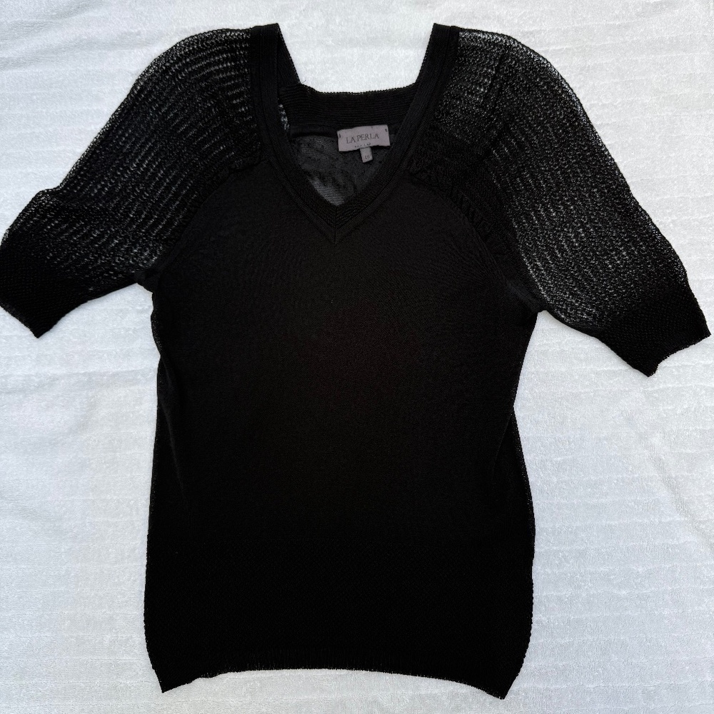 La Perla, sheer black top, v-neck, fitted, Size EU 46